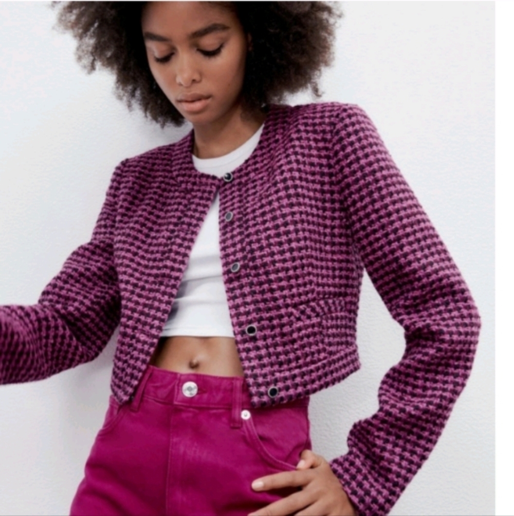 ZARA Cropped Tweed Jacket Houndstooth Printed Jacket Sz S
